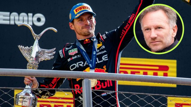 Max Verstappen celebrates victory on the 2025 Italian Grand Prix podium, as Christian Horner appears in a top right circle
