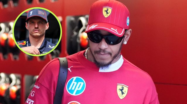 Lewis Hamilton, Ferrari, pictured at the 2025 Hungarian Grand Prix, while Red Bull's Max Verstappen appears in a top left circle