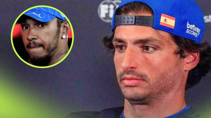 Carlos Sainz looks on in a press conference with an inset of Lewis Hamilton