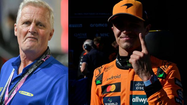 On the left, former F1 driver Johnny Herbert, and on the right, McLaren's Lando Norris, doing the '1' finger celebration