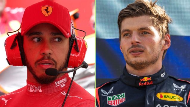 On the left, Lewis Hamilton, Ferrari, and on the right, Max Verstappen of Red Bull