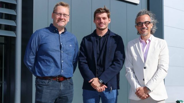 Red Bull's Max Verstappen with Ben Hodgkinson and Laurent Mekies.