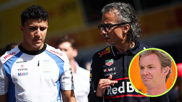 Isack Hadjar speaking with Laurent Mekies, Nico Rosberg in the circle