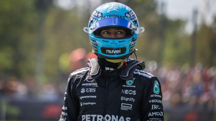 George Russell with his crash helmet on