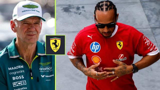 On the left, Aston Martin's F1 design guru Adrian Newey, and on the right, Ferrari driver Lewis Hamilton, with a Ferrari badge between them