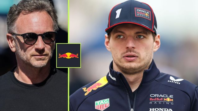 On the left, former Red Bull boss Christian Horner, and on the right, Red Bull driver Max Verstappen, with a Red Bull logo between them
