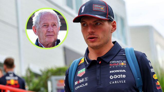 Max Verstappen, Red Bull, pictured at the 2025 Azerbaijan Grand Prix, as Red Bull senior advisor Helmut Marko appears in a circle to his left