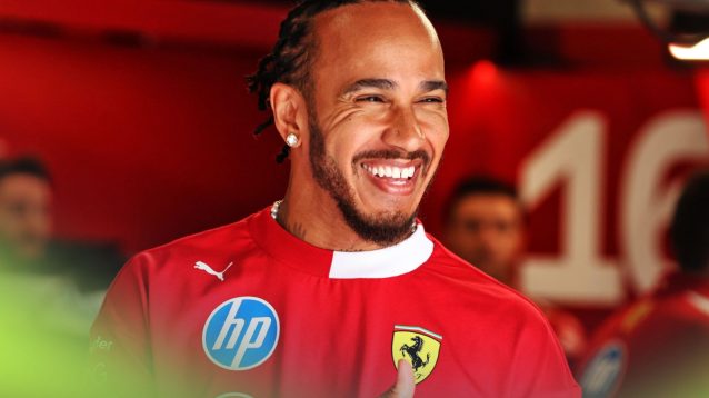 Ferrari driver Lewis Hamilton all-smiles in the Ferrari garage at the 2025 Austrian Grand Prix