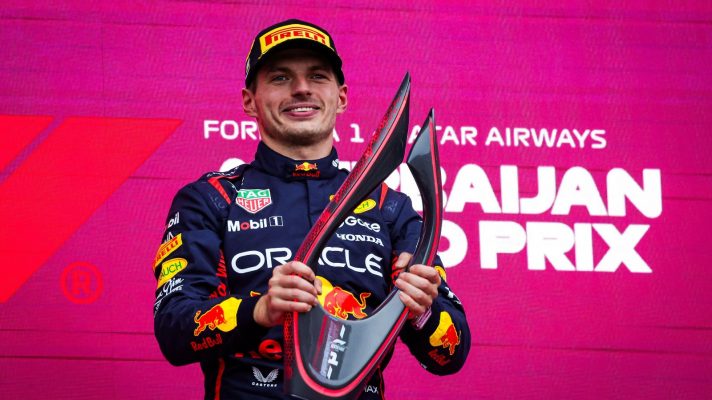Max Verstappen with his Azerbaijan GP trophy