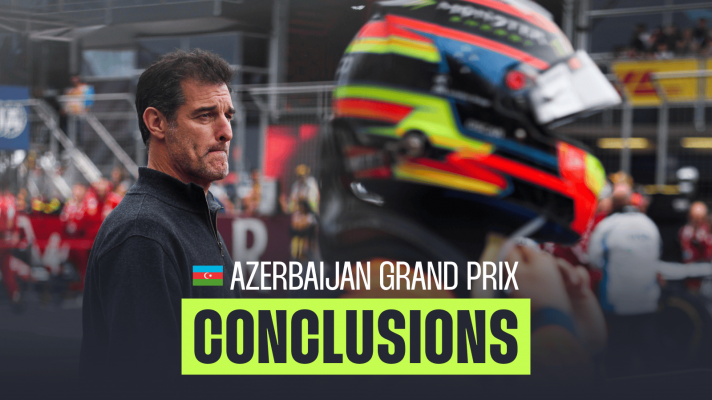 Mark Webber looks on as Oscar Piastri fastens his helmet on the grid in Baku with a PlanetF1.com conclusions banner positioned centre-bottom