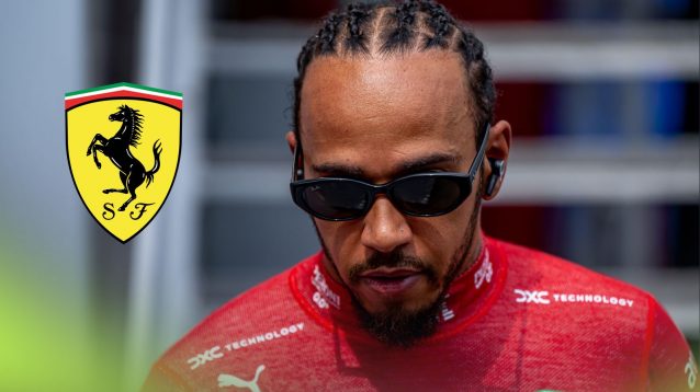 Lewis Hamilton, Ferrari, pictured at the 2025 Azerbaijan Grand Prix, as a Ferrari badge appears on the left