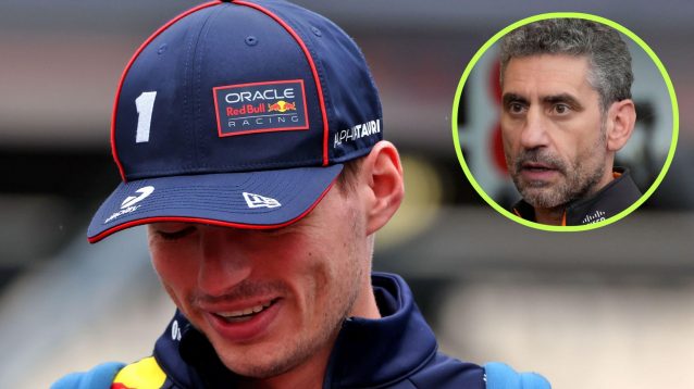Max Verstappen, Red Bull, looks down smiling at the 2025 Azerbaijan Grand Prix, while McLaren boss Andrea Stella appears in a top right circle