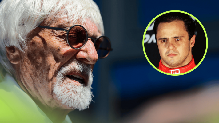 A close-up shot of Bernie Ecclestone in the F1 paddock with an inset of Felipe Massa on the podium