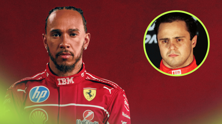 Lewis Hamilton posing in Ferrari overalls with an inset of Felipe Massa on the podium