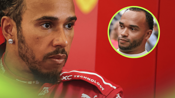 Lewis Hamilton in the Ferrari garage with an inset of Nicolas Hamilton
