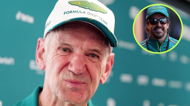 Adrian Newey, Aston Martin, looks towards the camera, as Fernando Alonso appears in a top right circle