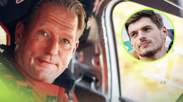 Jos Verstappen eyes the camera while seated in his rally car with an inset of Max Verstappen