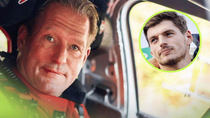 Jos Verstappen eyes the camera while seated in his rally car with an inset of Max Verstappen