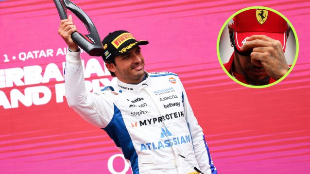 Carlos Sainz on the podium, Lewis Hamilton in the circle
