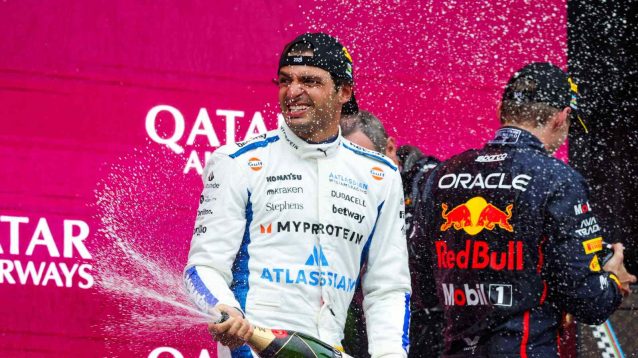 Carlos Sainz on the podium in Baku.