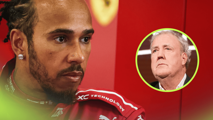 Lewis Hamilton looks on in the Ferrari garage with an inset of Jeremy Clarkson