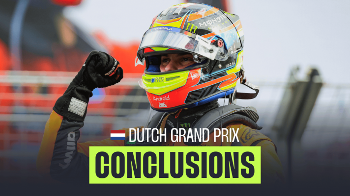 Oscar Piastri's face is partially visible through his open visor as he punches the airs with a PlanetF1.com conclusions banner positioned centre-bottom