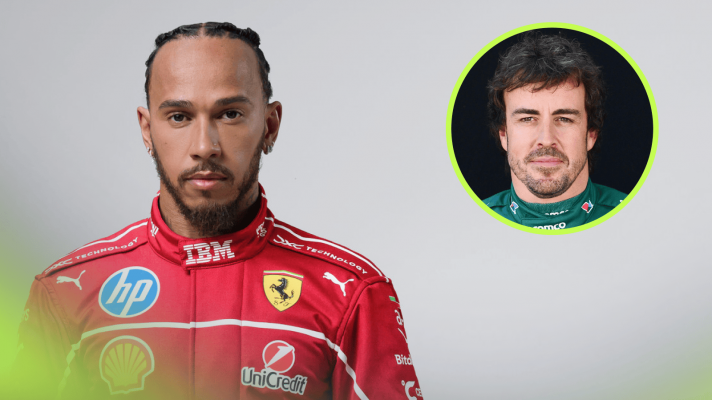A studio shot of Lewis Hamilton in Ferrari overalls with an inset of Fernando Alonso