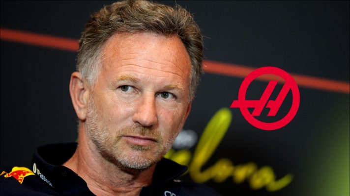Christian Horner and the Haas logo