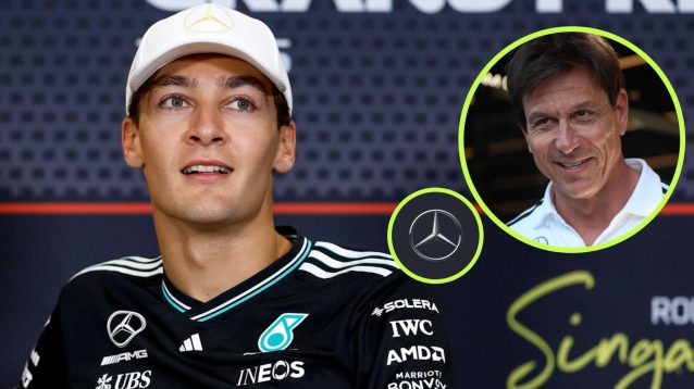 George Russell, Toto Wolff, Mercedes badge