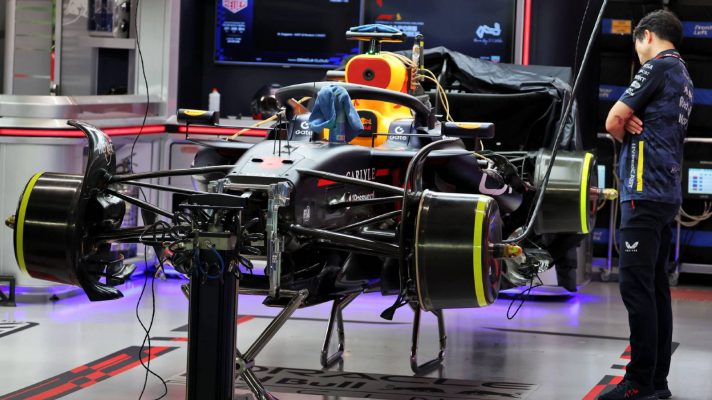 Red Bull's RB21 in the garage at the 2025 Singapore Grand Prix.