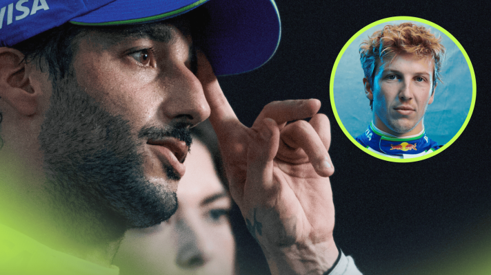 Daniel Ricciardo faces the media with an inset of Liam Lawson