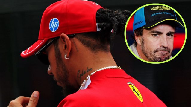 Lewis Hamilton, Ferrari, with his back to the camera at the 2025 Singapore Grand Prix, as Fernando Alonso, Aston Martin, appears in a top right circle