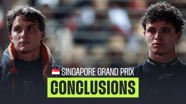 Oscar Piastri and Lando Norris stood side by side on the grid in Singapore with a PlanetF1.com conclusions banner positioned centre-bottom