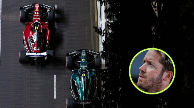 Lewis Hamilton and Fernando Alonso racing, Sam Bird in the circle