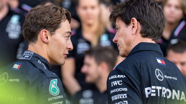 Mercedes' George Russell, left, and Toto Wolff, right, in discussion at the 2024 Abu Dhabi Grand Prix