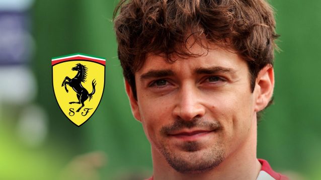 Ferrari driver Charles Leclerc pictured at the 2025 Singapore Grand Prix, with the Ferrari logo on his left