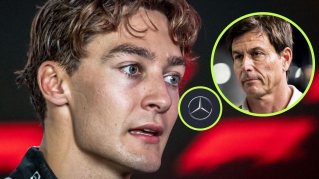 George Russell pictured at the 2025 Singapore Grand Prix, as Mercedes boss Toto Wolff appears in a circle, and the Mercedes logo in a smaller circle