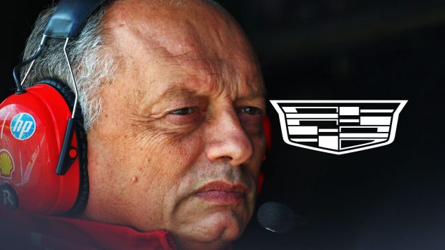 Ferrari team principal Fred Vasseur pictured at the 2025 Azerbaijan Grand Prix, as a Cadillac badge appears on his right