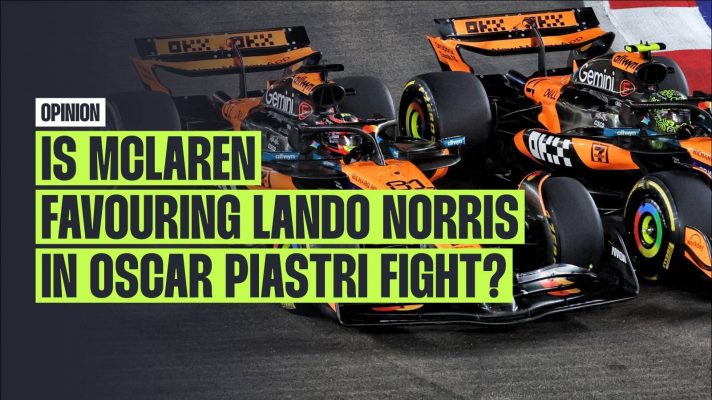 McLaren's Oscar Piastri and Lando Norris racing at the 2025 Singapore Grand Prix.