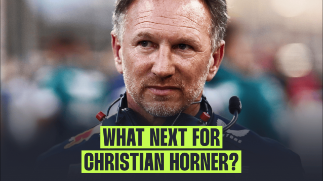 A close-up shot of Christian Horner looking tense on the grid with a banner reading: 'What next for Christian Horner?'