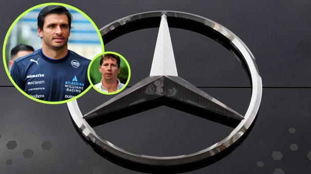 The Mercedes logo pictured at the 2024 Dutch Grand Prix, as Williams driver Carlos Sainz appears in a circle, and Williams boss James Vowles in a smaller circle, on the left