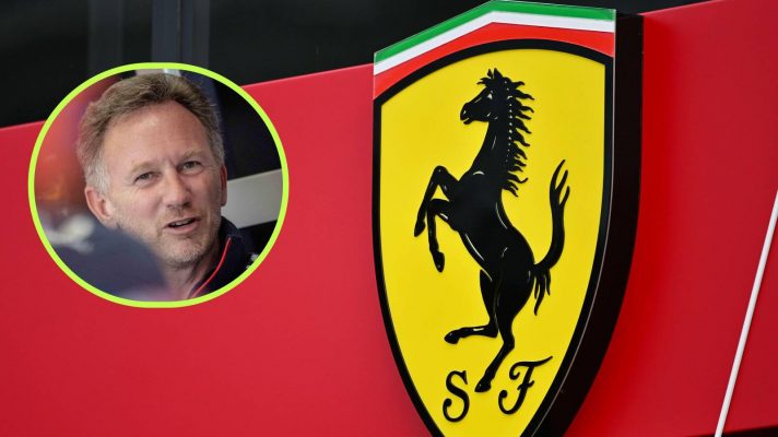 Christian Horner, pictured with the Scuderia Ferrari logo.
