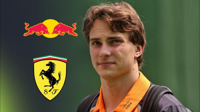 Oscar Piastri with the Red Bull and Ferrari badges