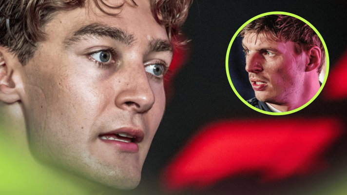 A close-up shot of George Russell talking to the media with an inset of an angry Max Verstappen