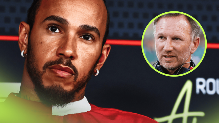 Lewis Hamilton looks up in a press conference with an inset of Christian Horner