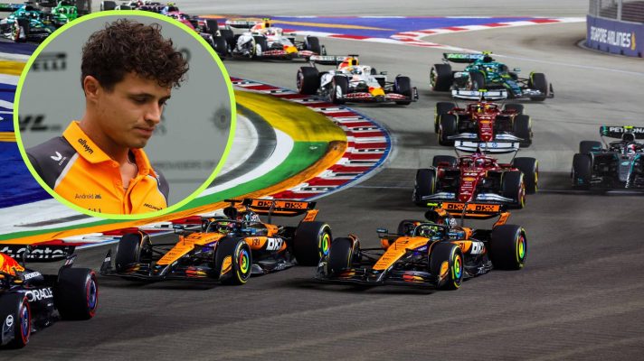 McLaren's Lando Norris and Oscar Piastri battle at the 2025 Singapore Grand Prix.