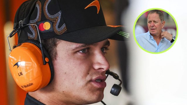 Lando Norris, McLaren, speaks into a headset at the 2025 United States Grand Prix, as Martin Brundle appears in a top right circle