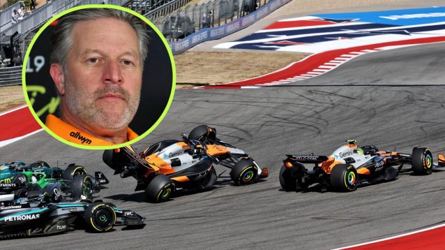 Oscar Piastri on two wheels ahead of hitting Lando Norris in the 2025 United States Grand Prix Sprint, as Zak Brown observes from a top left circle