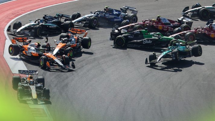 The melee at Turn 1 at the start of the US Grand Prix Sprint.