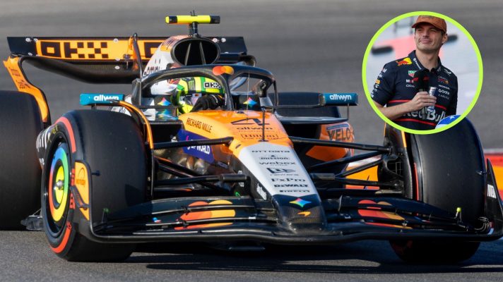 Lando Norris, McLaren, in action at the 2025 United States Grand Prix, as Max Verstappen appears in a top right circle